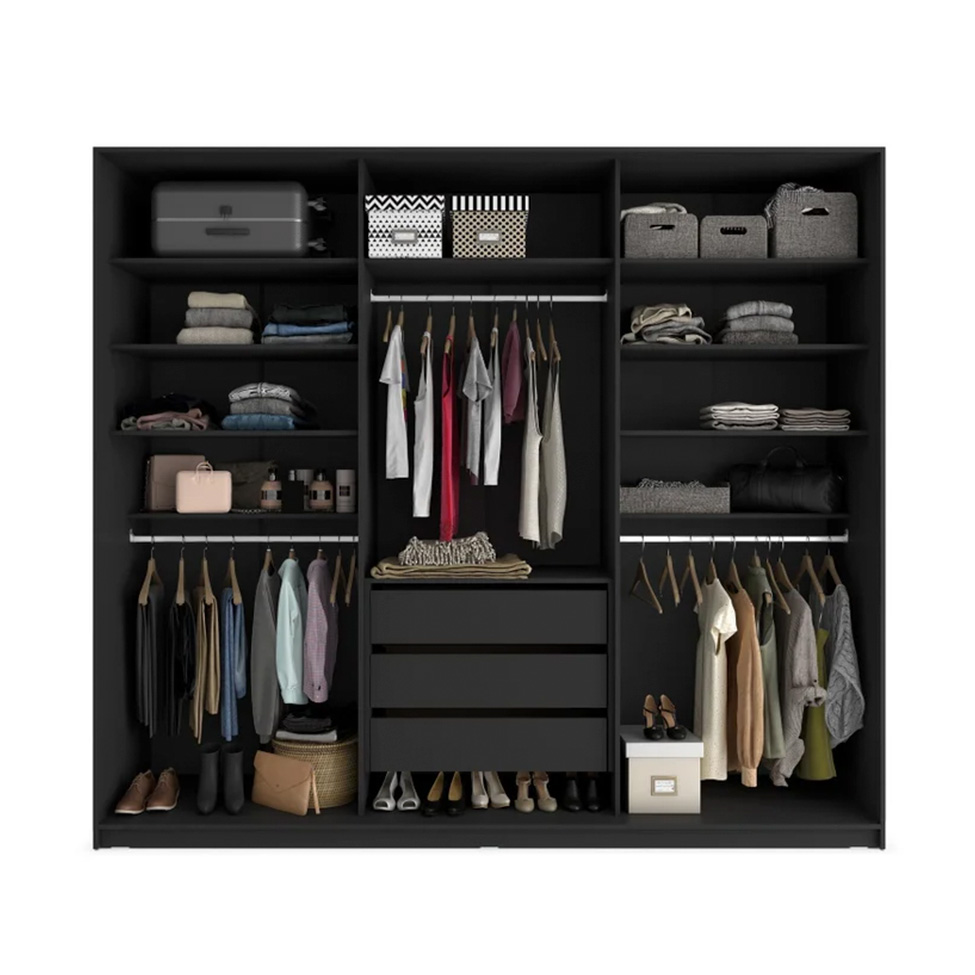 Guarda-Roupa Casal com 3 Espelhos Belluno 3 Portas 3 Gavetas Preto
