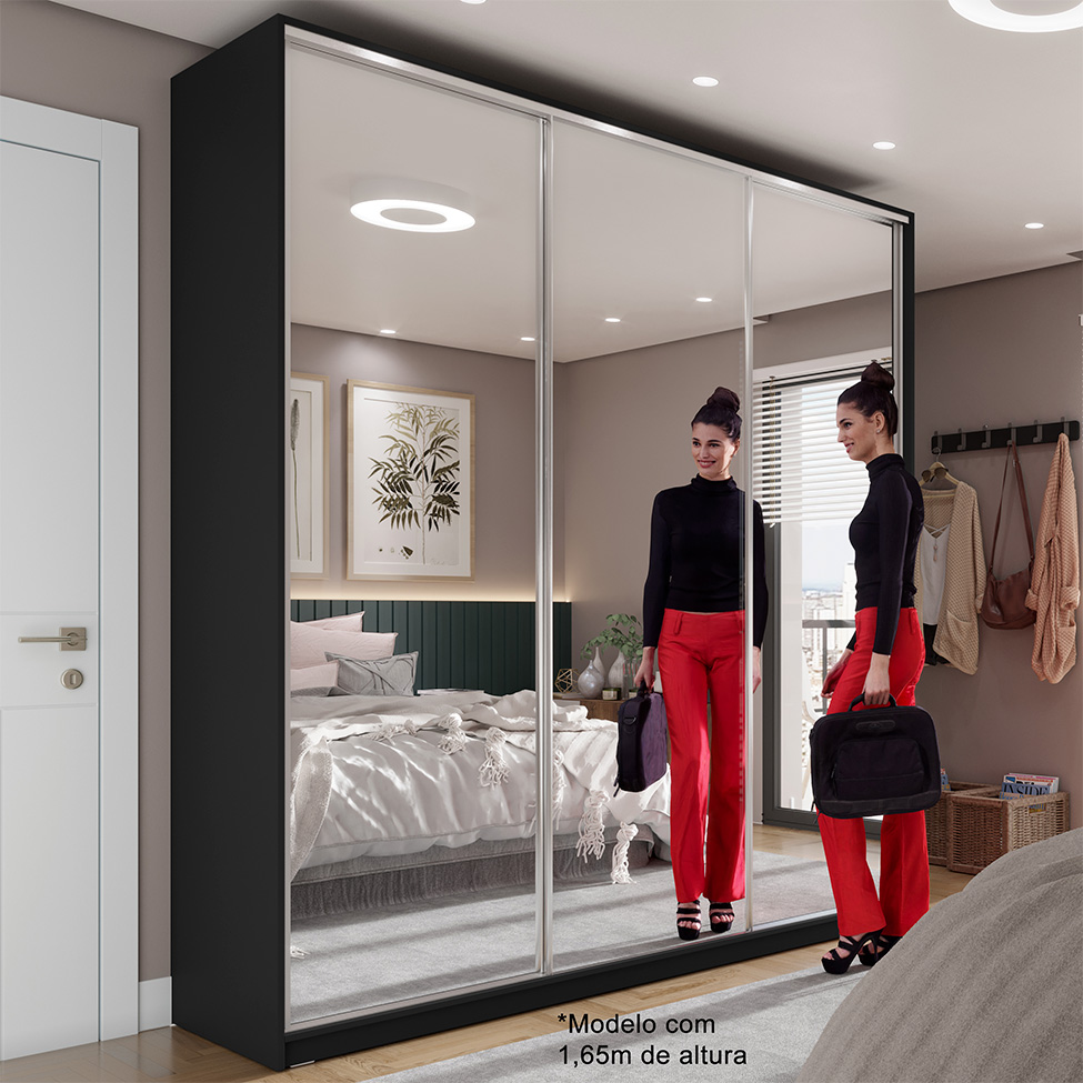 Guarda-Roupa Casal com Espelho Zermatt 100% MDF  3 Portas 3 Gavetas Preto