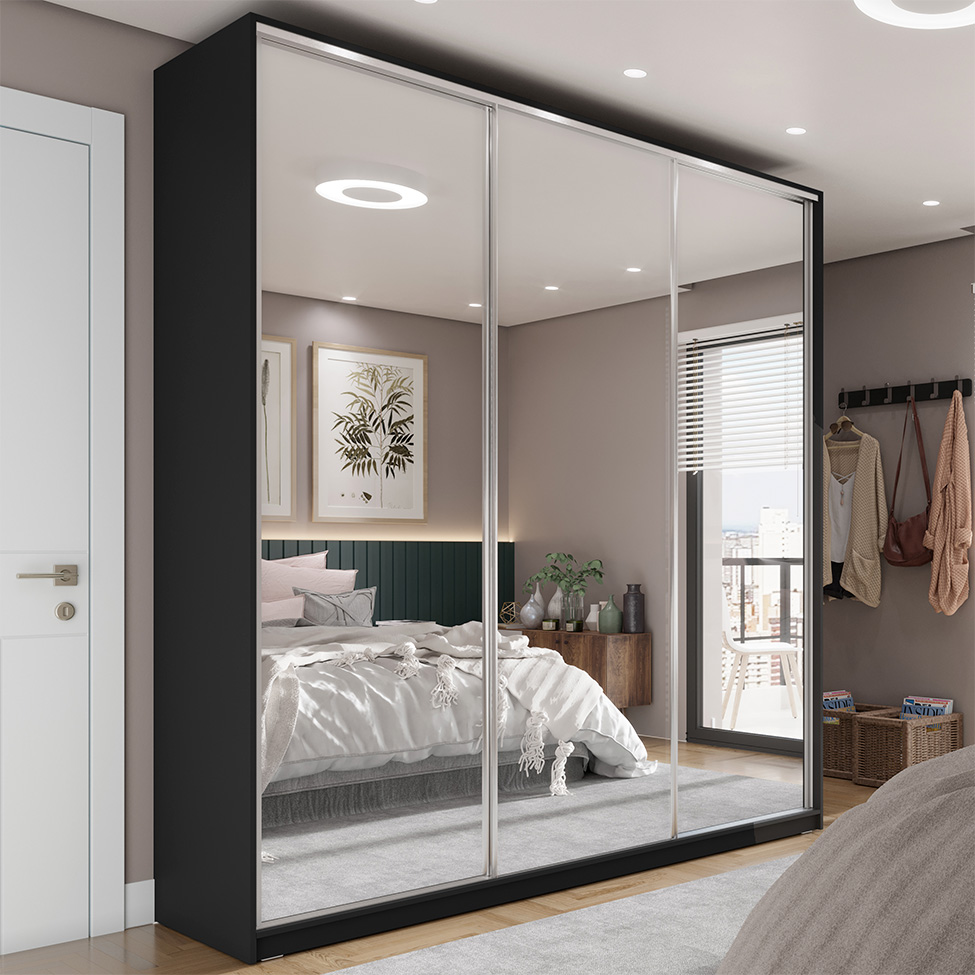 Guarda-Roupa Casal com Espelho Zermatt 100% MDF  3 Portas 3 Gavetas Preto
