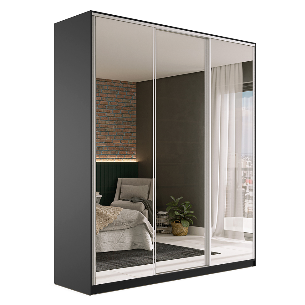 Guarda-Roupa Casal com Espelho Zermatt 100% MDF  3 Portas 3 Gavetas Preto