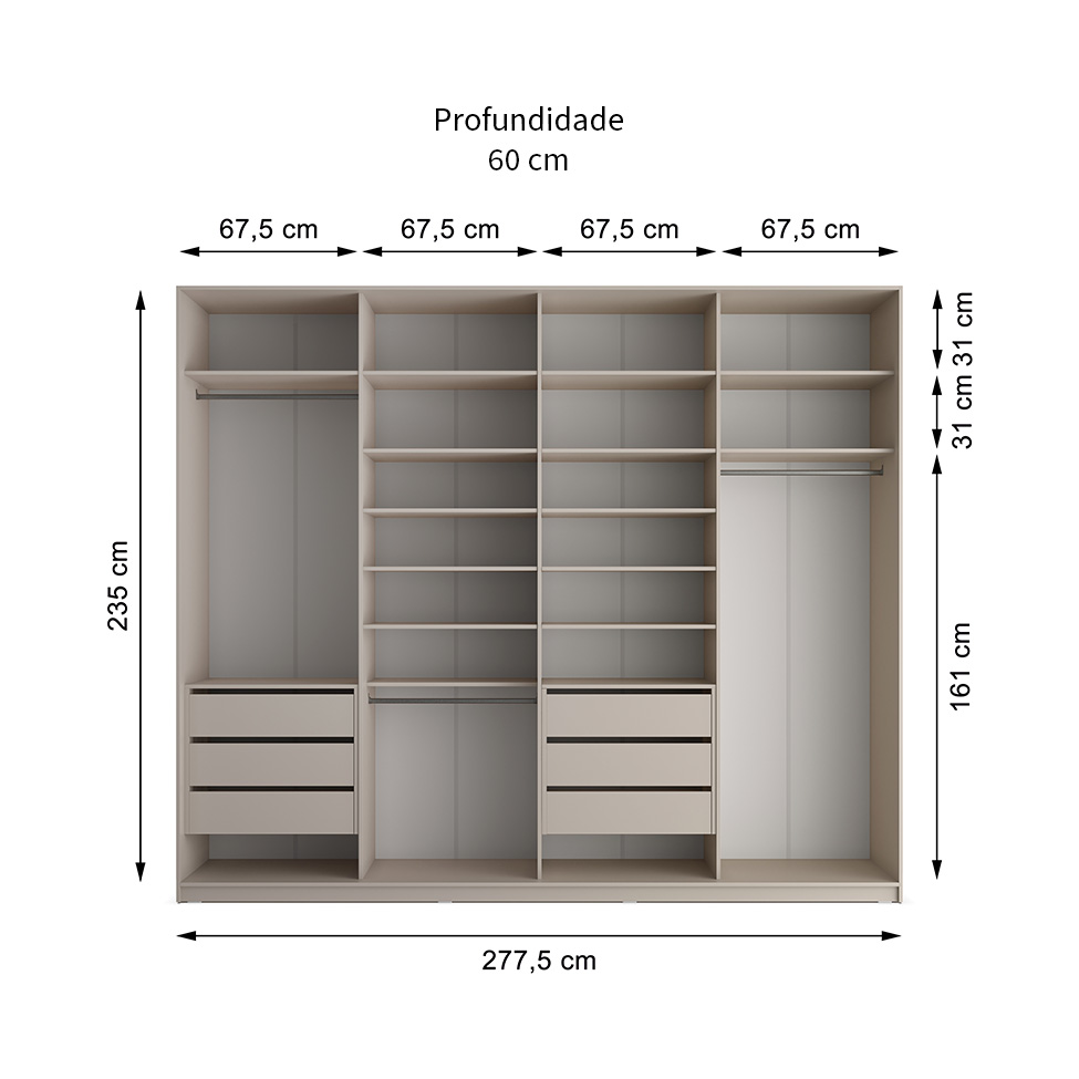 Guarda-Roupa Casal com Espelho Zermatt 100% MDF  4 Portas 6 Gavetas Bege
