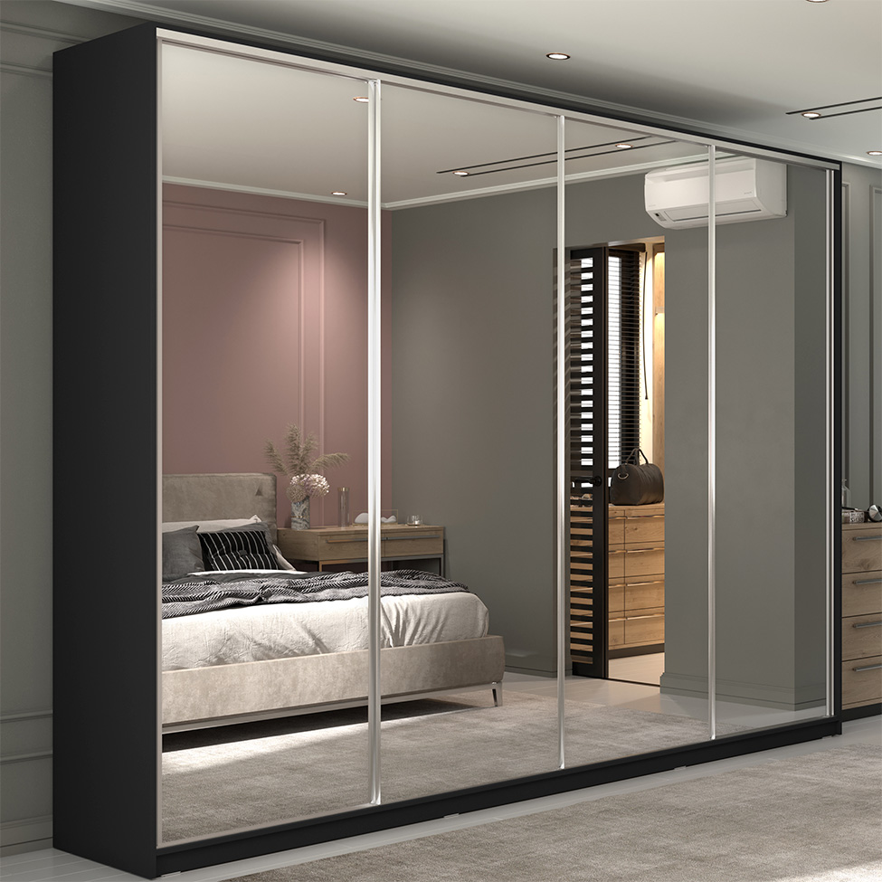 Guarda-Roupa Casal com Espelho Zermatt 100% MDF  4 Portas 6 Gavetas Preto