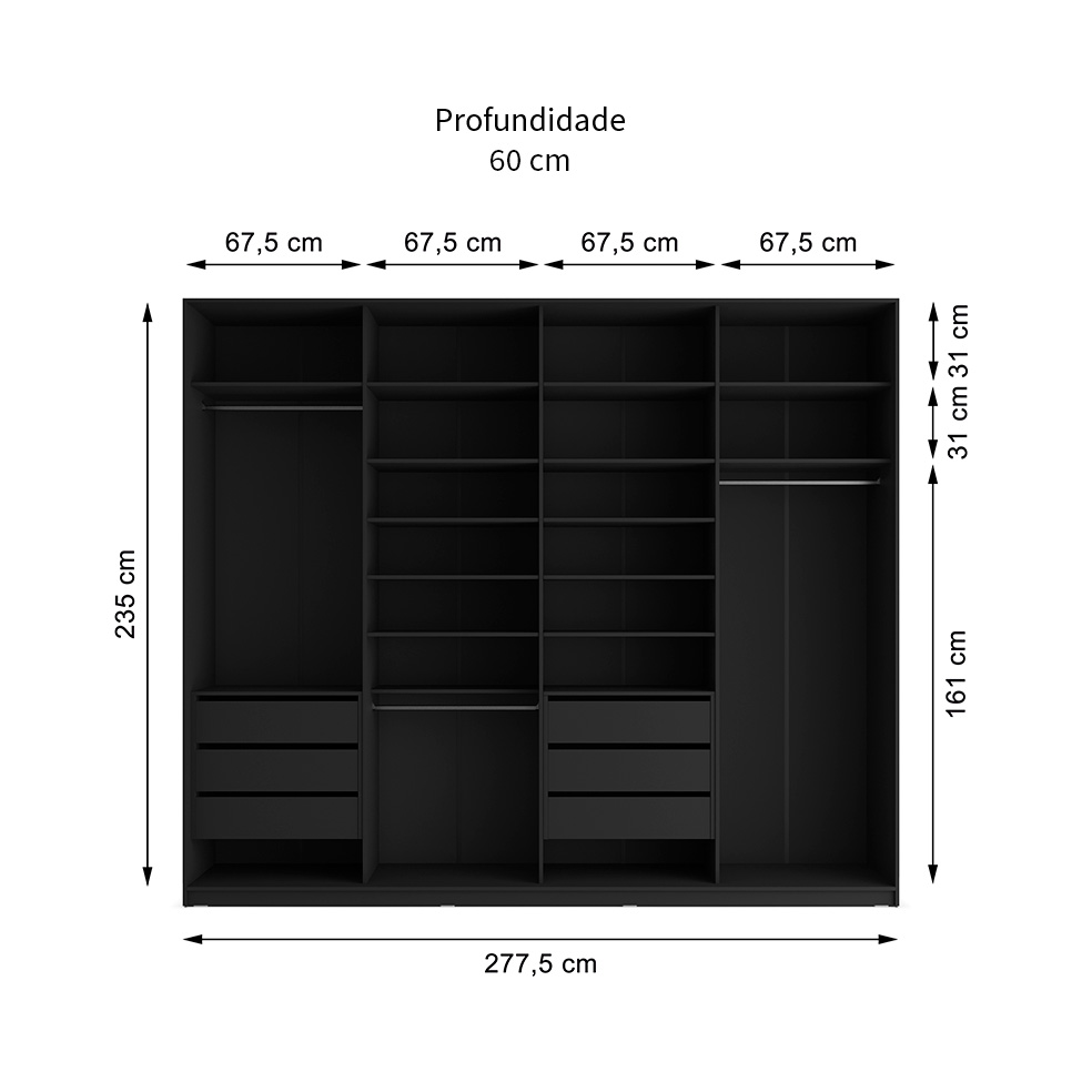 Guarda-Roupa Casal com Espelho Zermatt 100% MDF  4 Portas 6 Gavetas Preto