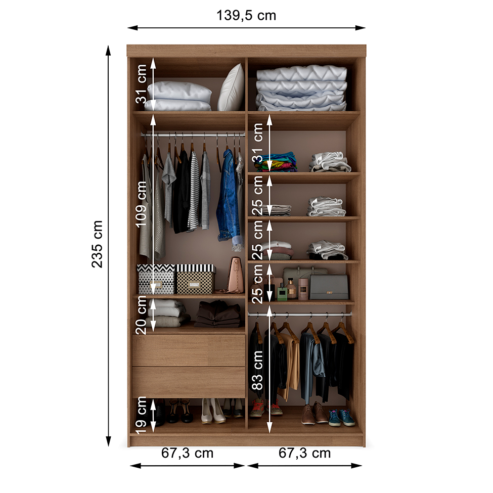 Guarda-Roupa Solteiro com 1 Espelho Lugano 2 Portas 2 Gavetas Mel