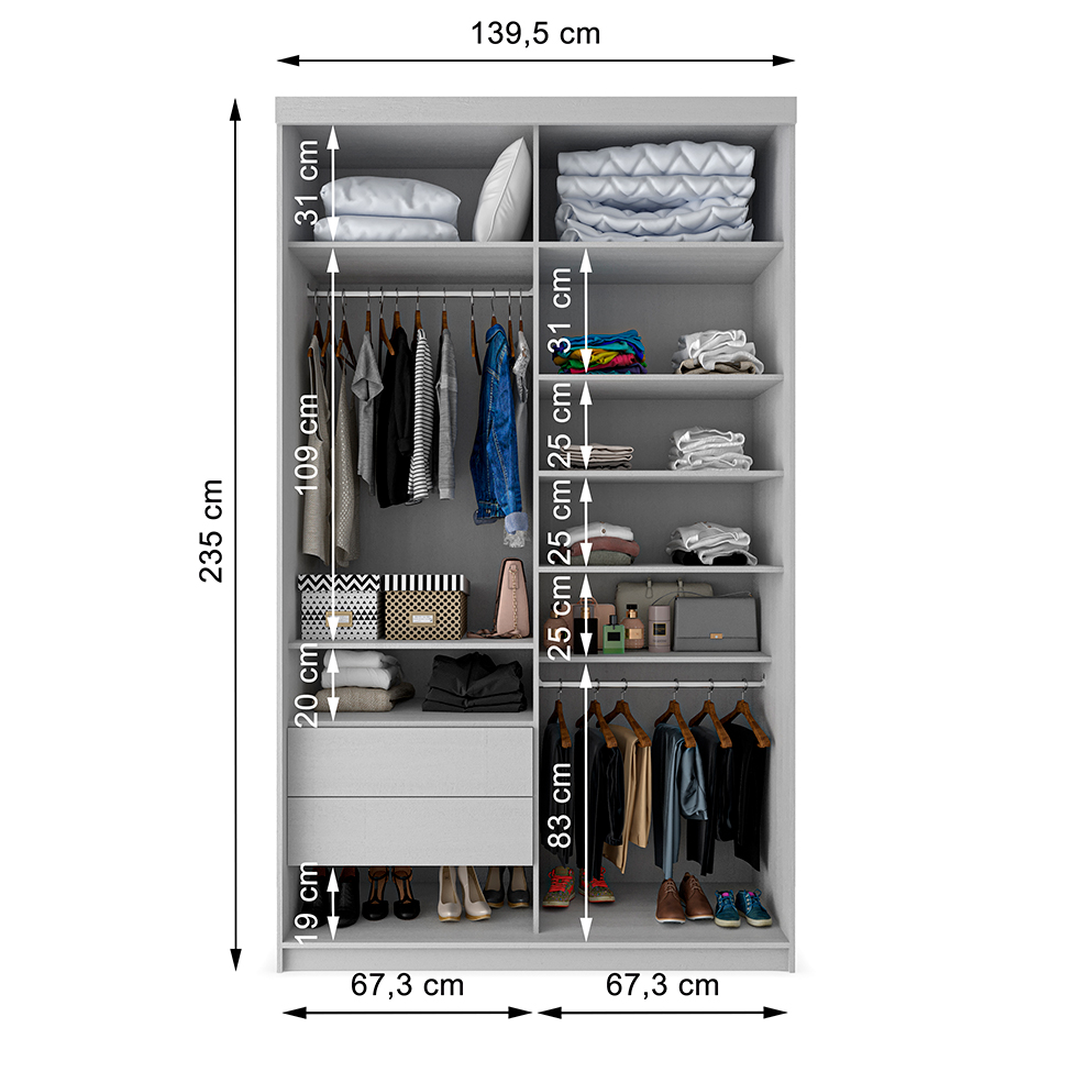 Guarda-Roupa Solteiro com 2 Espelhos Lugano 2 PT 2 GV Branco