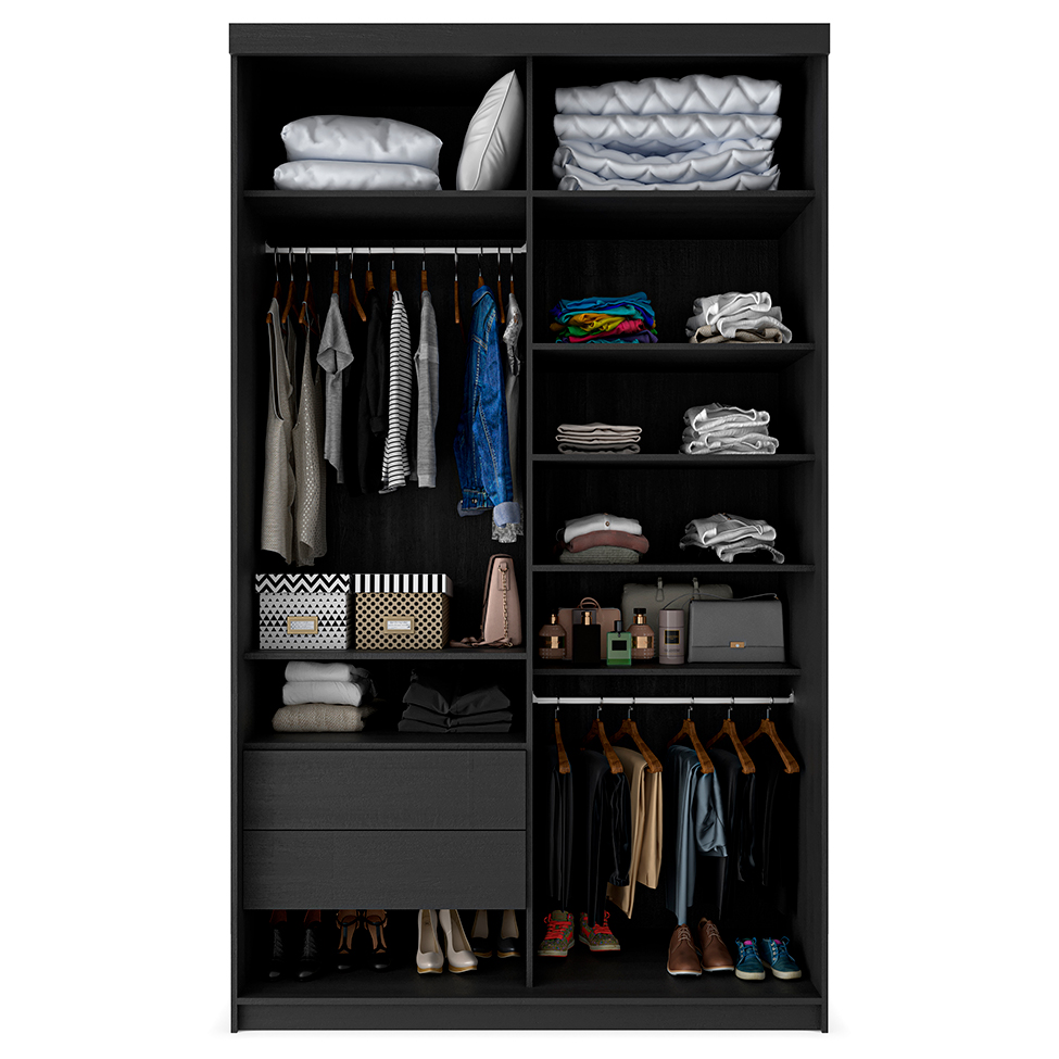 Guarda-Roupa Solteiro com 2 Espelhos Lugano 2 Portas 2 Gavetas Preto