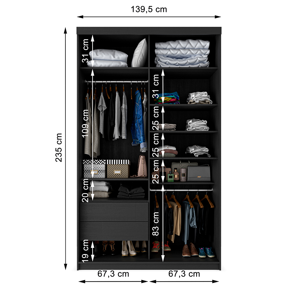 Guarda-Roupa Solteiro com 2 Espelhos Lugano 2 Portas 2 Gavetas Preto