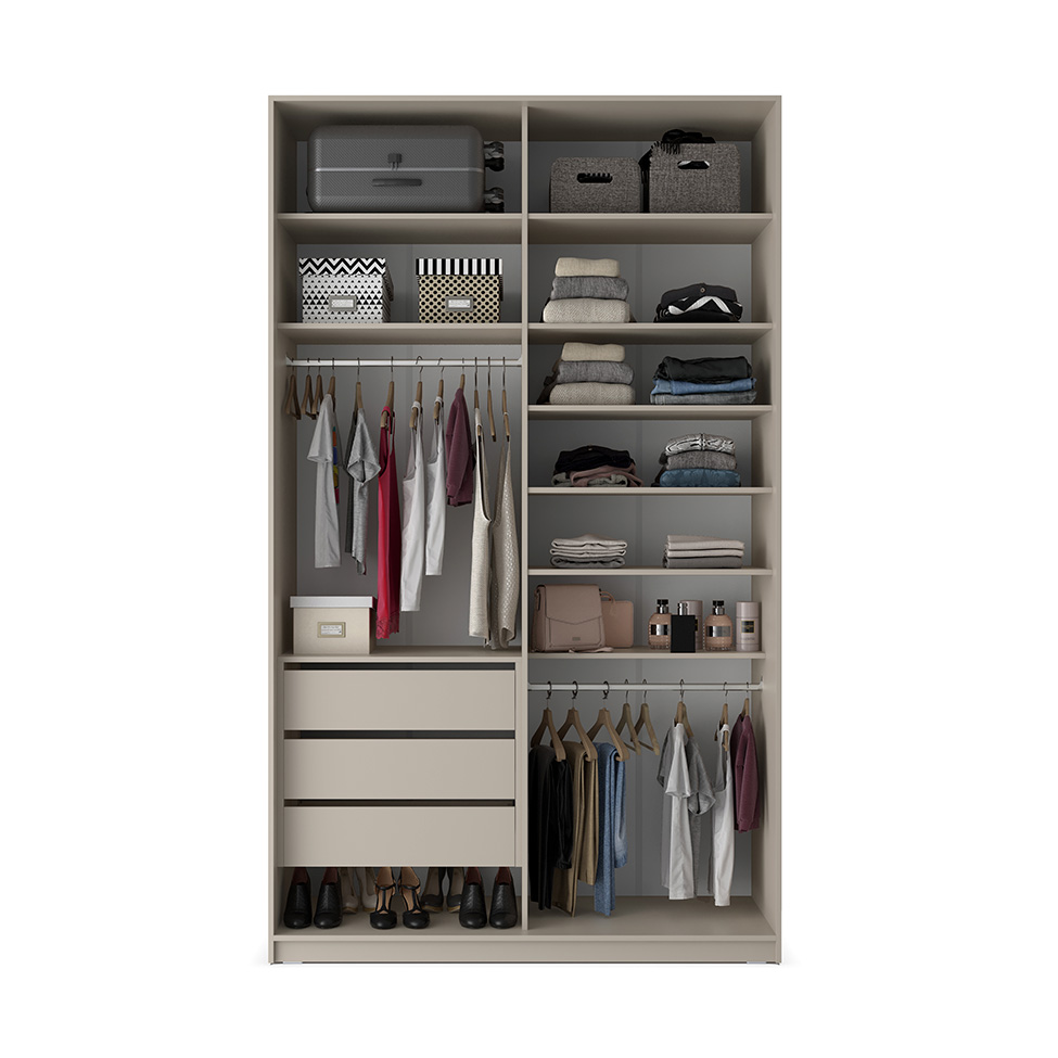 Guarda-Roupa Solteiro com Espelho Zermatt 100% MDF  2 Portas 3 Gavetas Bege