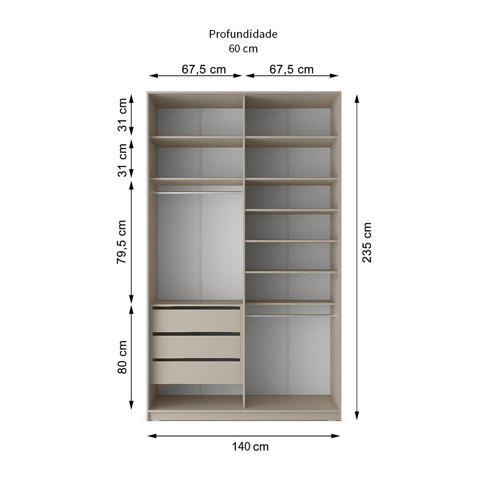 Guarda-Roupa Solteiro com Espelho Zermatt 100% MDF  2 Portas 3 Gavetas Bege