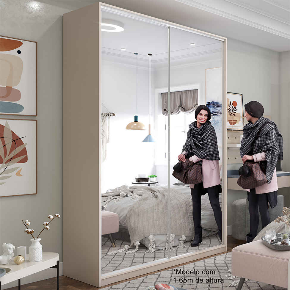 Guarda-Roupa Solteiro com Espelho Zermatt 100% MDF  2 Portas 3 Gavetas Bege