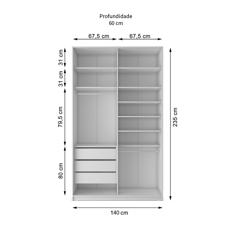 Guarda-Roupa Solteiro com Espelho Zermatt 100% MDF  2 Portas 3 Gavetas Branco