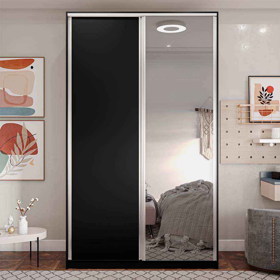Guarda-Roupa Solteiro com Espelho Zermatt 100% MDF  2 Portas 3 Gavetas Preto