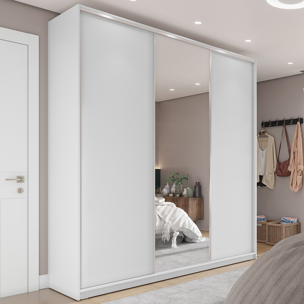 Guarda-Roupa Solteiro com Espelho Zermatt 100% MDF  3 PT 3 GV Branco