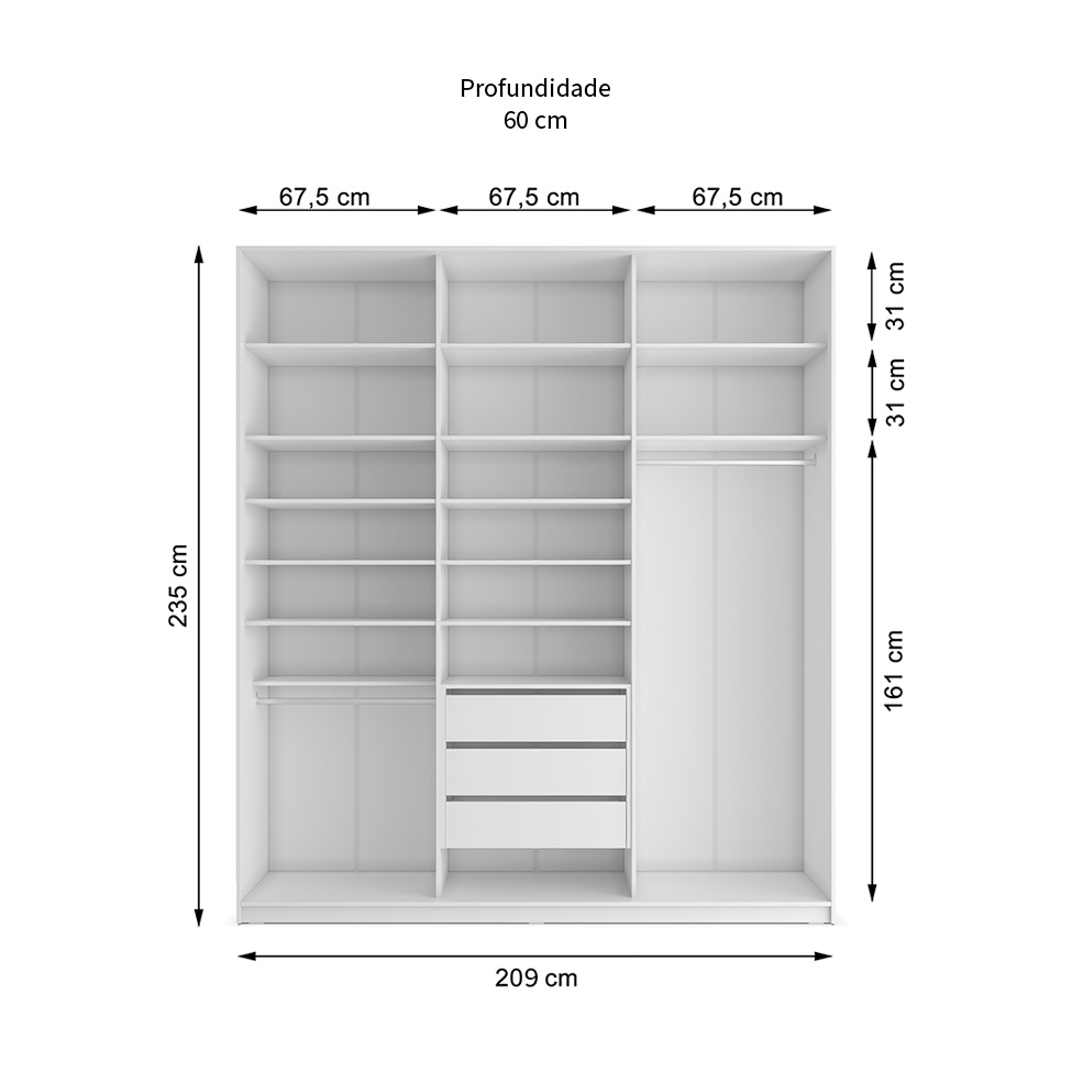 Guarda-Roupa Solteiro com Espelho Zermatt 100% MDF  3 PT 3 GV Branco