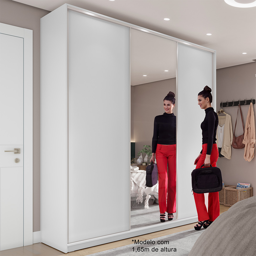 Guarda-Roupa Solteiro com Espelho Zermatt 100% MDF  3 PT 3 GV Branco