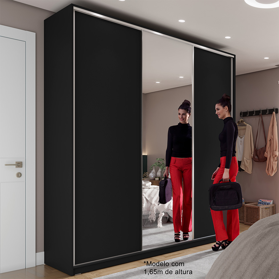 Guarda-Roupa Solteiro com Espelho Zermatt 100% MDF  3 Portas 3 Gavetas Preto