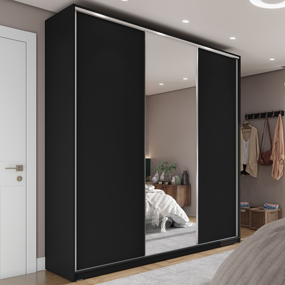 Guarda-Roupa Solteiro com Espelho Zermatt 100% MDF  3 Portas 3 Gavetas Preto