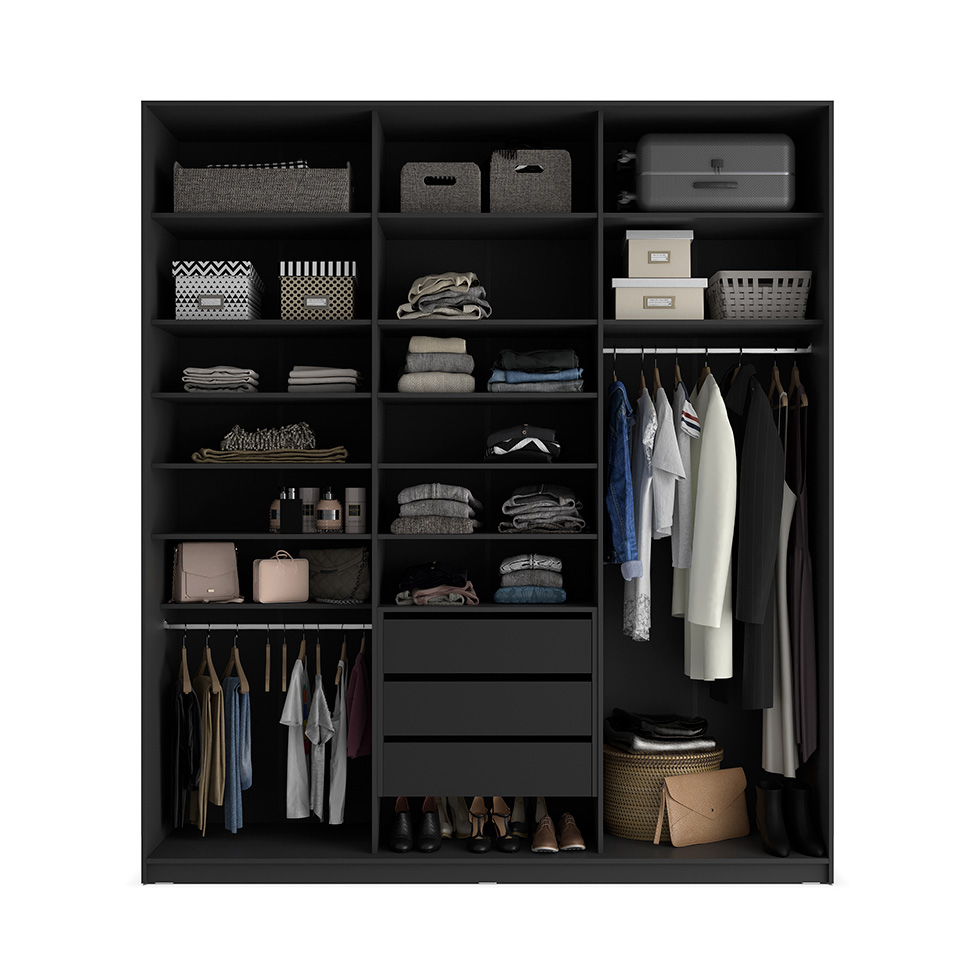 Guarda-Roupa Solteiro com Espelho Zermatt 100% MDF  3 Portas 3 Gavetas Preto