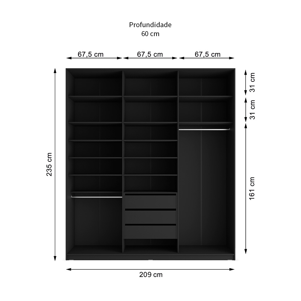 Guarda-Roupa Solteiro com Espelho Zermatt 100% MDF  3 Portas 3 Gavetas Preto