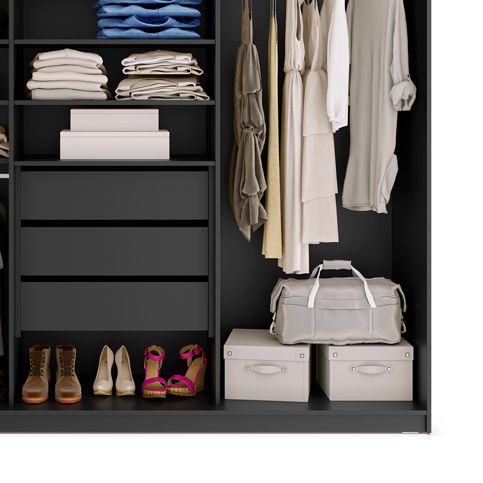 Guarda-Roupa Solteiro com Espelho Zermatt 100% MDF  3 Portas 3 Gavetas Preto