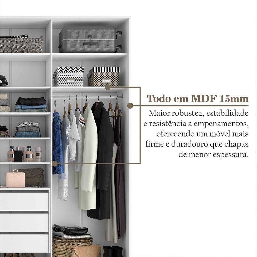 Guarda-Roupa Solteiro com Espelho Zermatt 100% MDF  4 Portas 6 Gavetas Branco