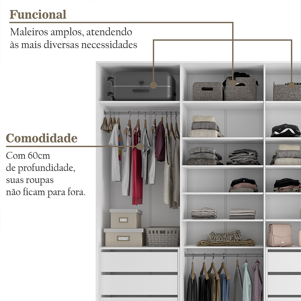 Guarda-Roupa Solteiro com Espelho Zermatt 100% MDF  4 Portas 6 Gavetas Branco