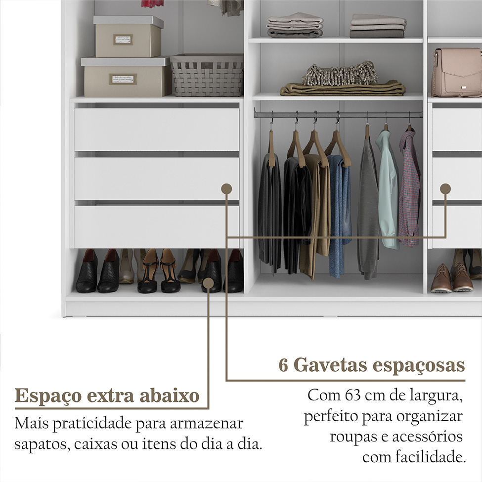 Guarda-Roupa Solteiro com Espelho Zermatt 100% MDF  4 Portas 6 Gavetas Branco