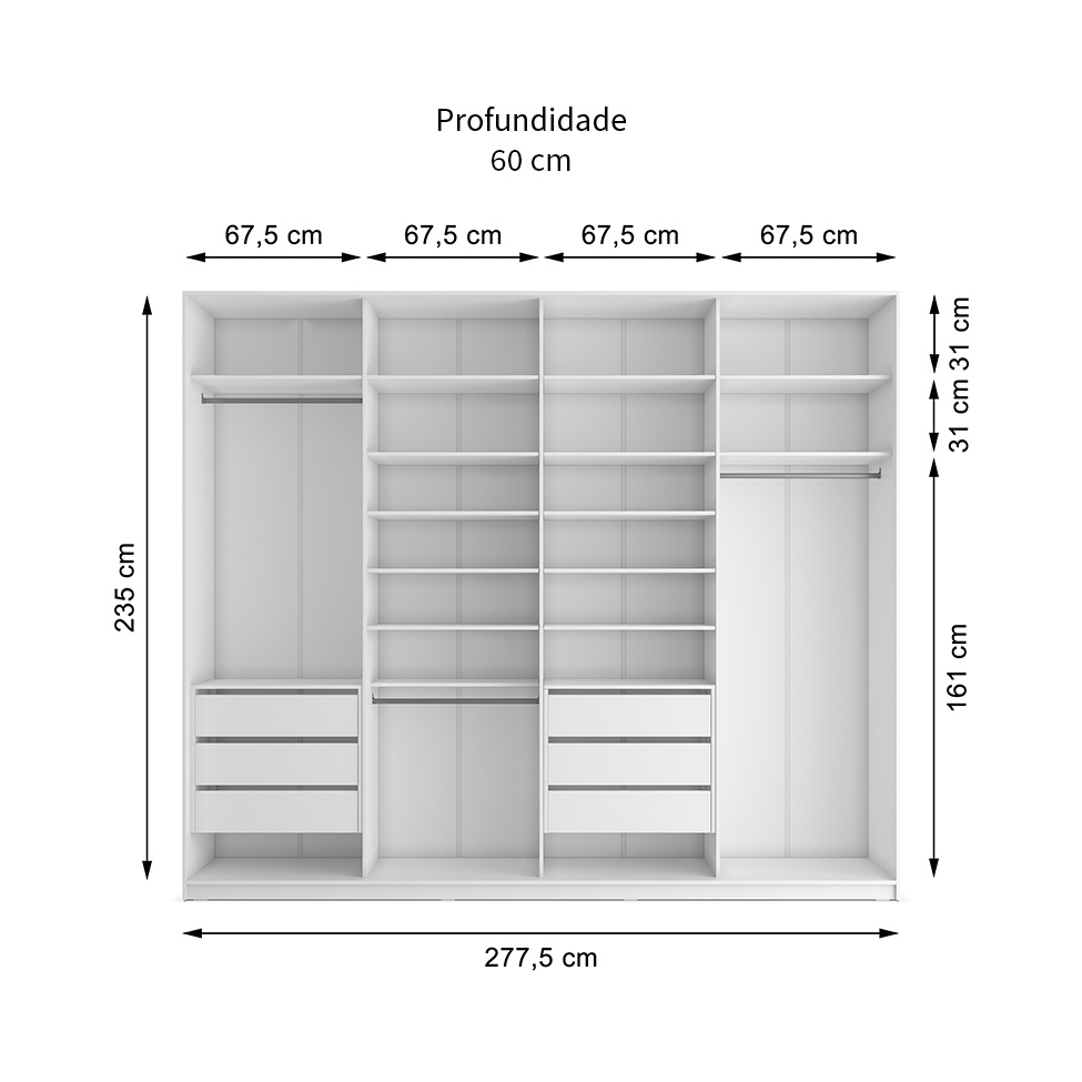 Guarda-Roupa Solteiro com Espelho Zermatt 100% MDF  4 Portas 6 Gavetas Branco