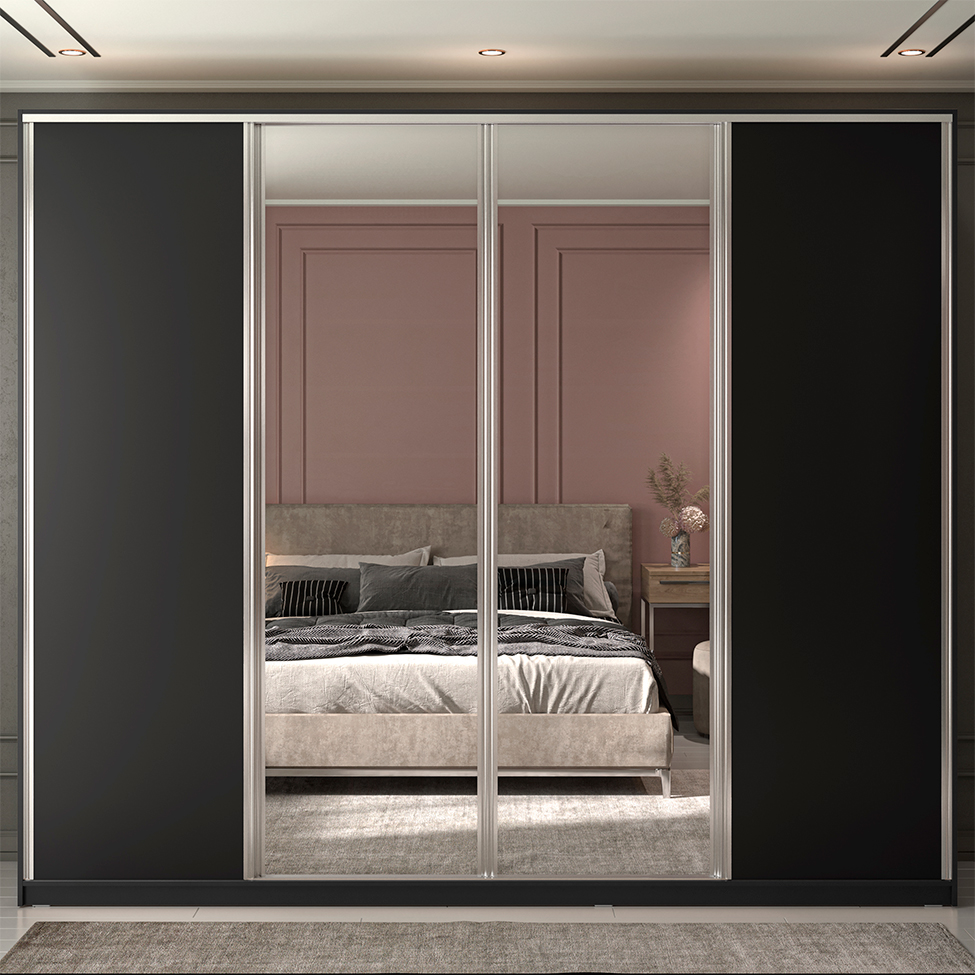 Guarda-Roupa Solteiro com Espelho Zermatt 100% MDF  4 Portas 6 Gavetas Preto