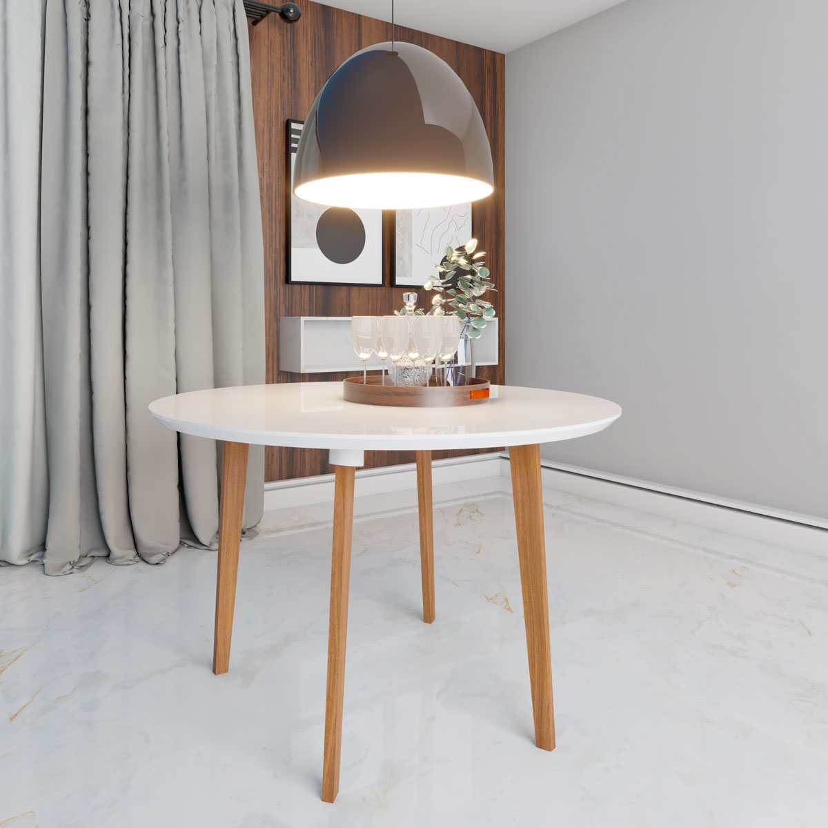 Mesa de Jantar Redonda Turmalina 4 Lugares Pés Oblongo Branco Clean com Vidro - RV Móveis