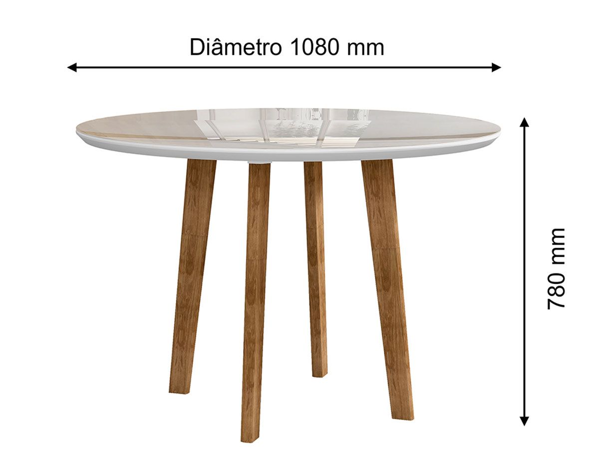 Mesa de Jantar Redonda Turmalina 4 Lugares Pés Oblongo Branco Clean com Vidro - RV Móveis