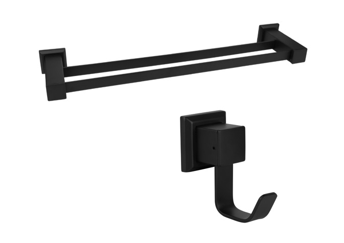 Kit banheiro lavabo Preto fosco 2 peças toalheiro banho duplo, cabide gancho 