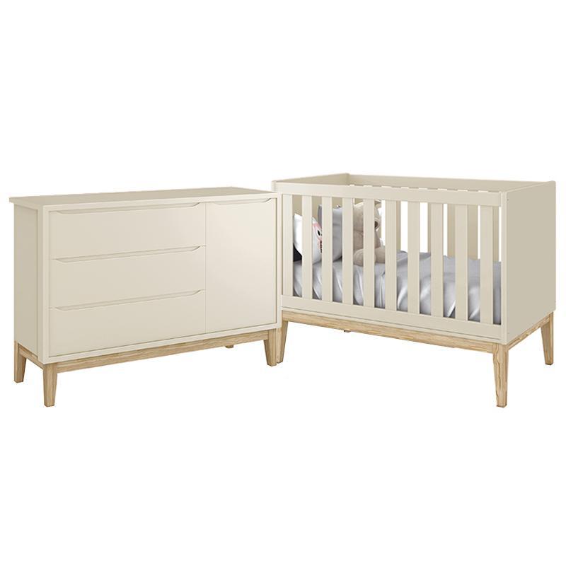 	Jogo de Quarto Classic Cômoda com Porta e Berço Areia Fosco com Pés Madeira Natural - Reller Móveis 