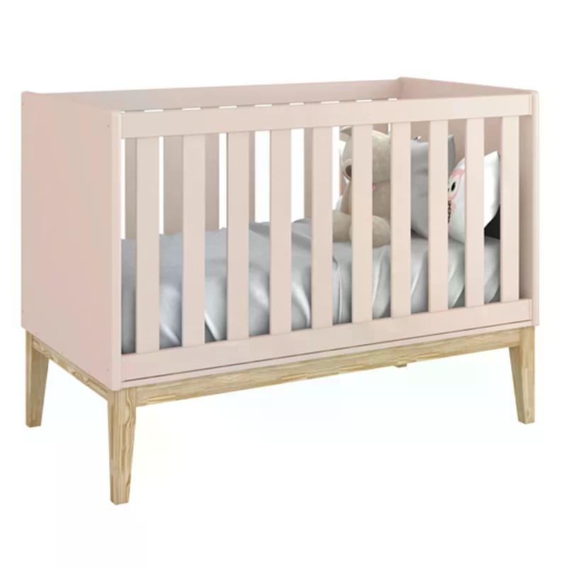 Berço Americano Classic Rosa Fosco com Pés Madeira Natural e Colchão D18 - Reller Móveis