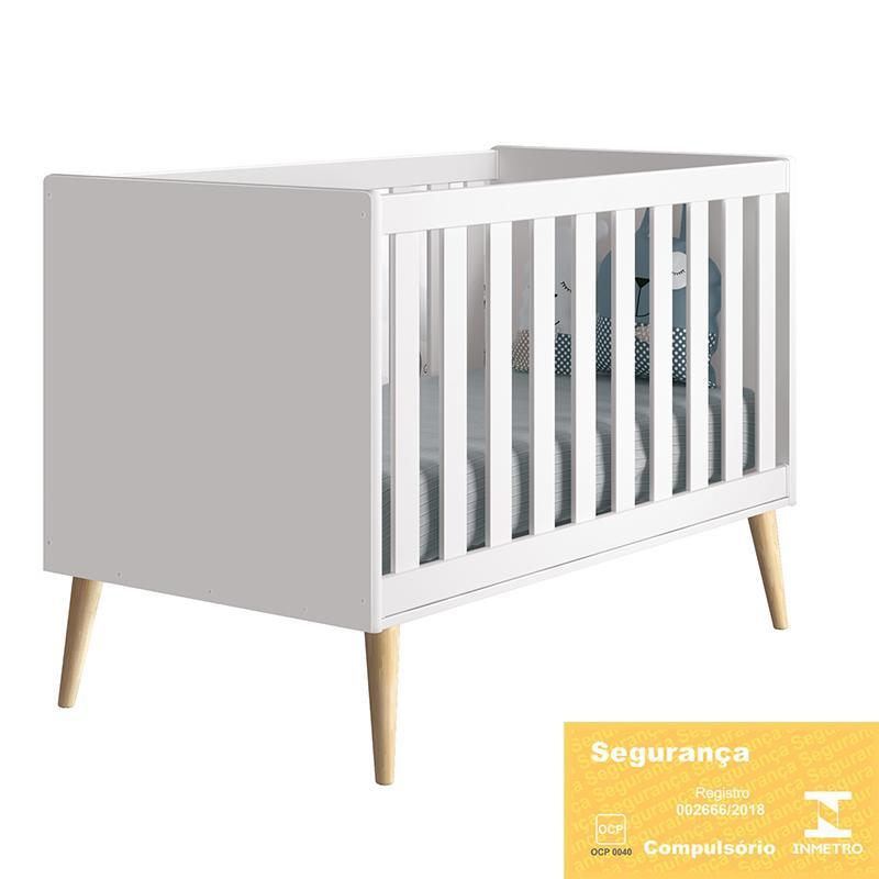 Berço Americano Theo Pés Madeira Natural Branco Fosco com Colchão D18 - Reller Móveis