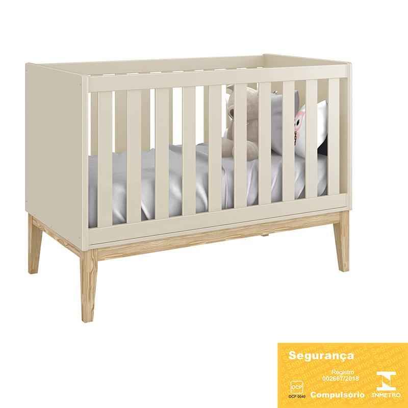 Berço Mini Cama Classic Areia Fosco Pés Madeira Natural com Colchão D18 - Reller Móveis 