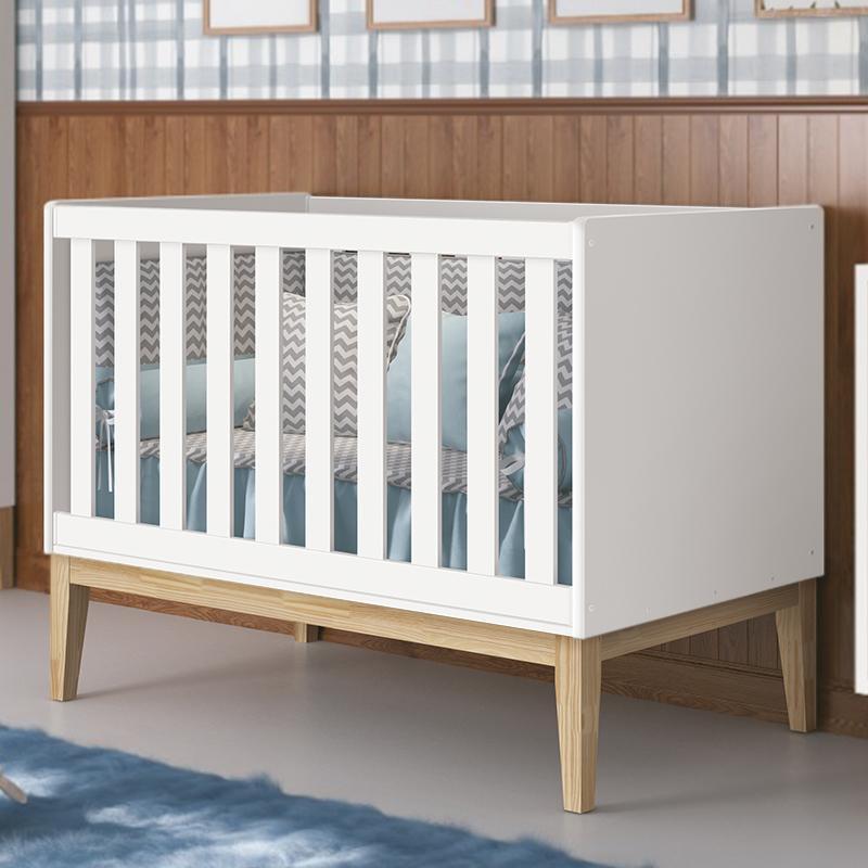 Berço Mini Cama Classic Branco Fosco Pés Madeira Natural com Colchão D18 - Reller Móveis