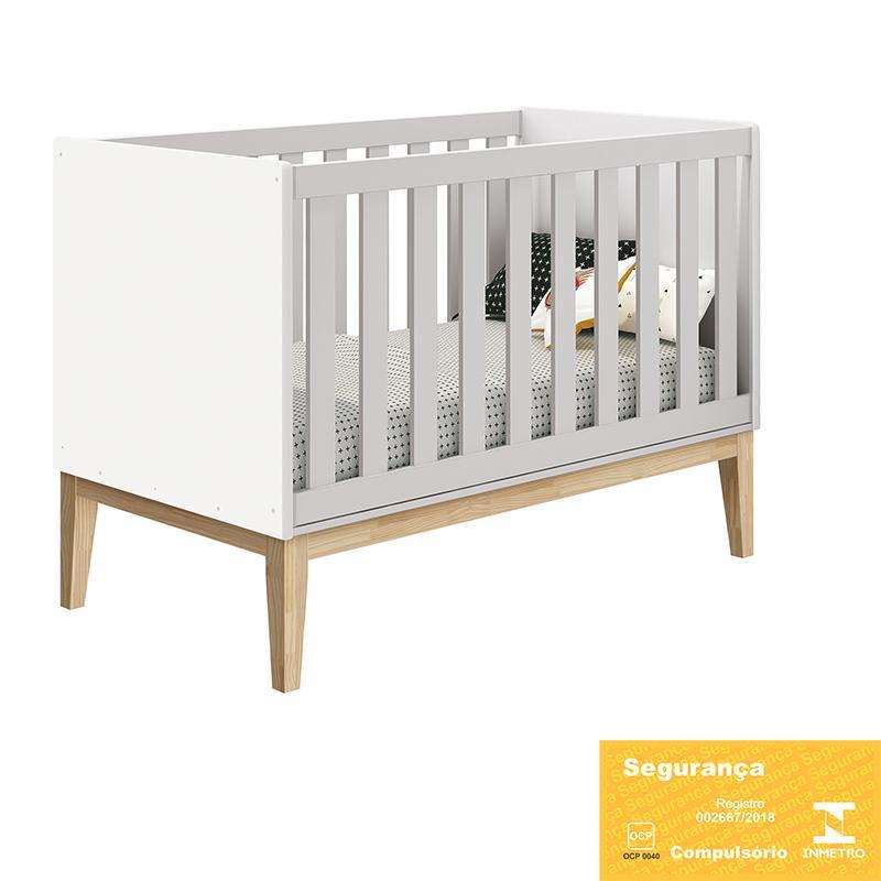 Berço Mini Cama Classic Branco Fosco Pés Madeira Natural com Colchão D18 - Reller Móveis