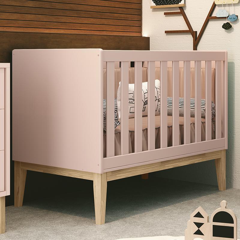 Berço Mini Cama Classic Rosa Fosco Pés Madeira Natural com Colchão D18 - Reller Móveis