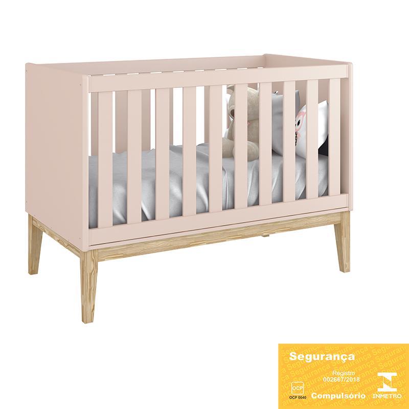 Berço Mini Cama Classic Rosa Fosco Pés Madeira Natural com Colchão D18 - Reller Móveis