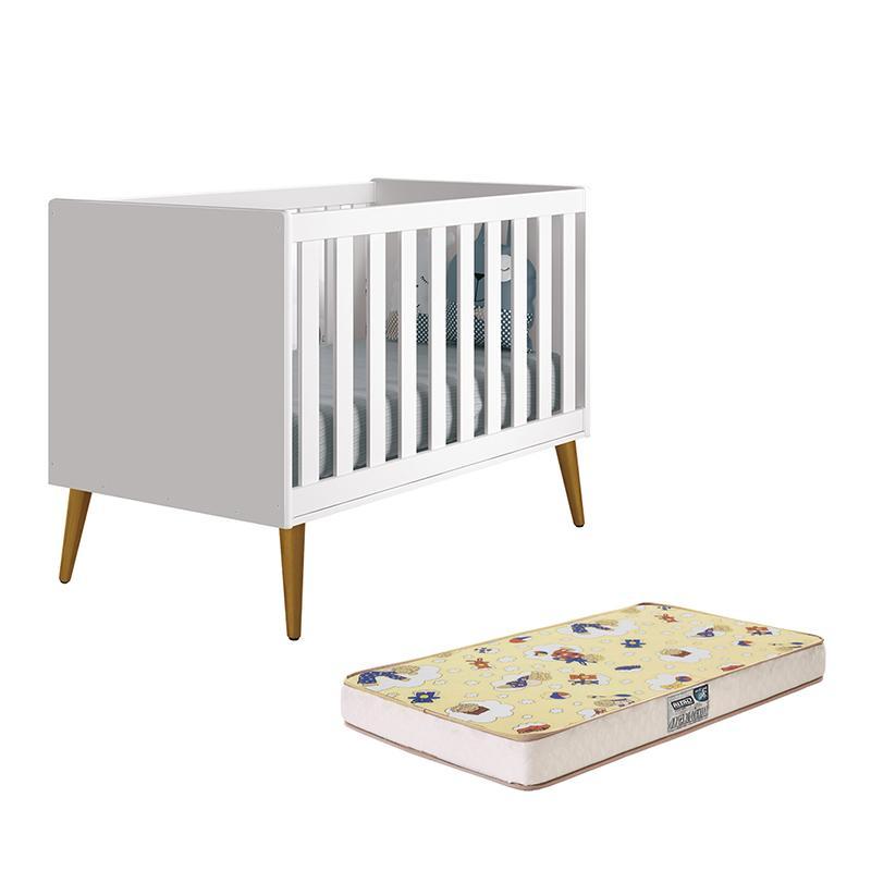 Berço Mini Cama Theo Retrô Branco Fosco com Pés Amadeirado e Colchão D18 - Reller Móveis