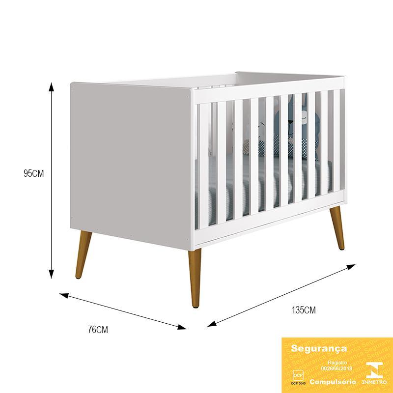 Berço Mini Cama Theo Retrô Branco Fosco com Pés Amadeirado e Colchão D18 - Reller Móveis