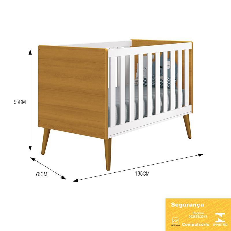 Berço Mini Cama Theo Retrô Branco/Savana com Pés Amadeirado e Colchão D18 - Reller Móveis