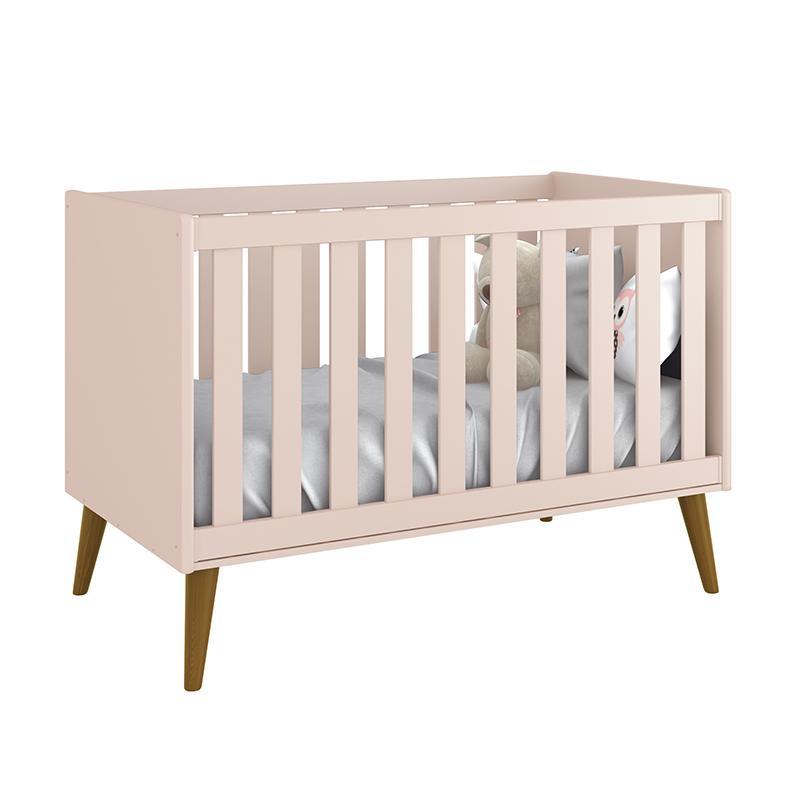 Berço Mini Cama Theo Retrô Rosa Fosco com Pés Amadeirado - Reller Móveis
