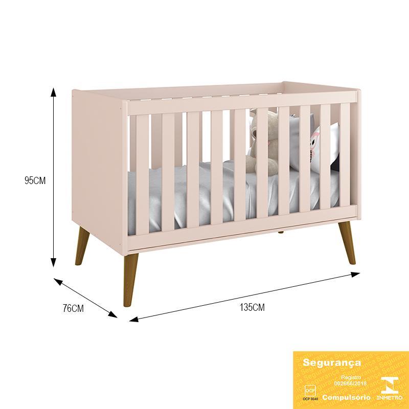 Berço Mini Cama Theo Retrô Rosa Fosco com Pés Amadeirado - Reller Móveis