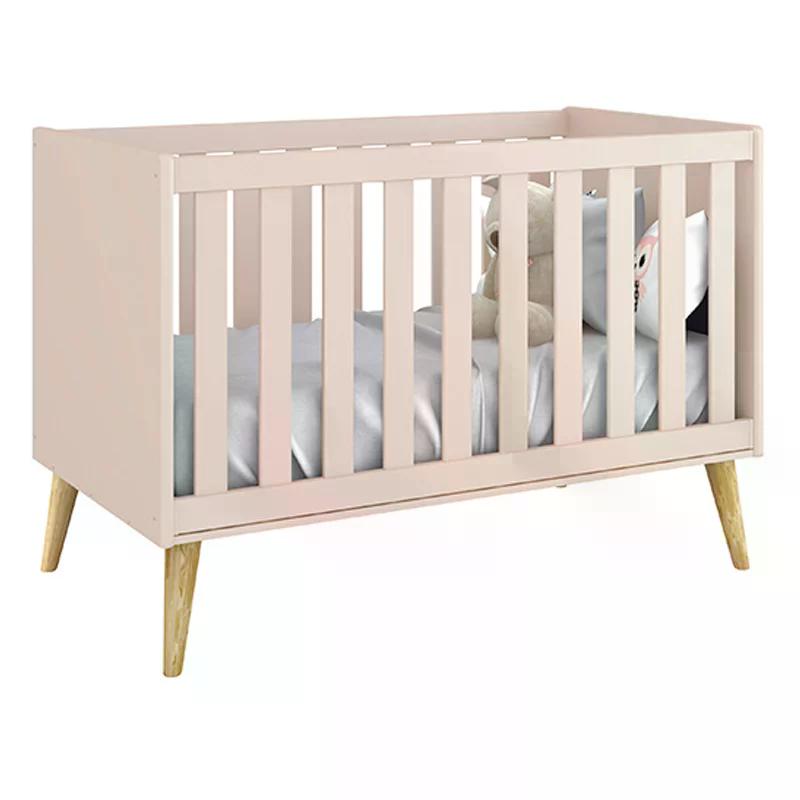Berço Mini Cama Theo Rosa Fosco com Pés Madeira Natural - Reller Móveis