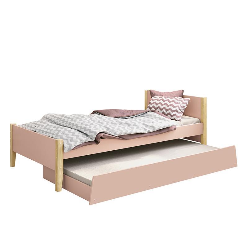 Bicama Solteiro Simba Rosa Fosco com Pés Madeira Natural e Colchões D20 e D33 - Reller Móveis