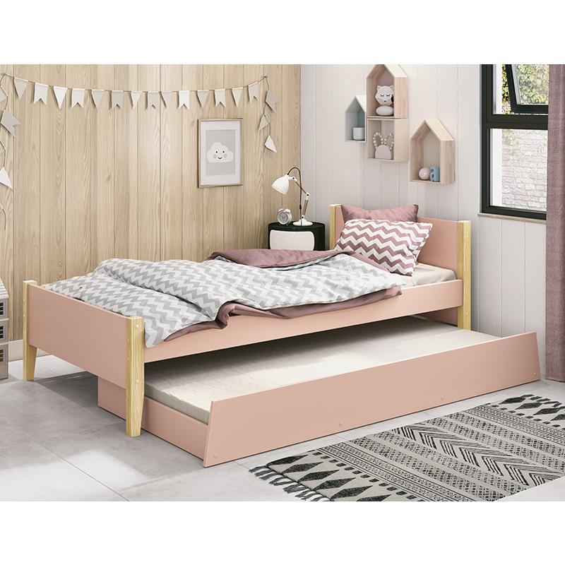 Bicama Solteiro Simba Rosa Fosco com Pés Madeira Natural e Colchões D20 e D33 - Reller Móveis