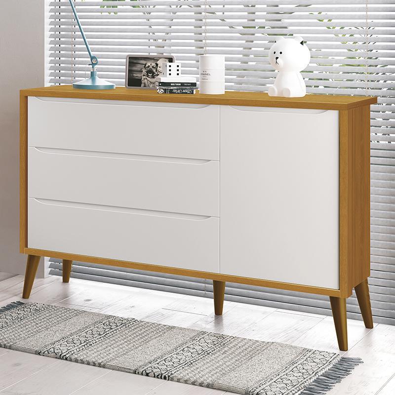 Cômoda Infantil 1 Porta e 3 Gavetas Theo Retrô Branco/Savana com Pés Amadeirado - Reller Móveis