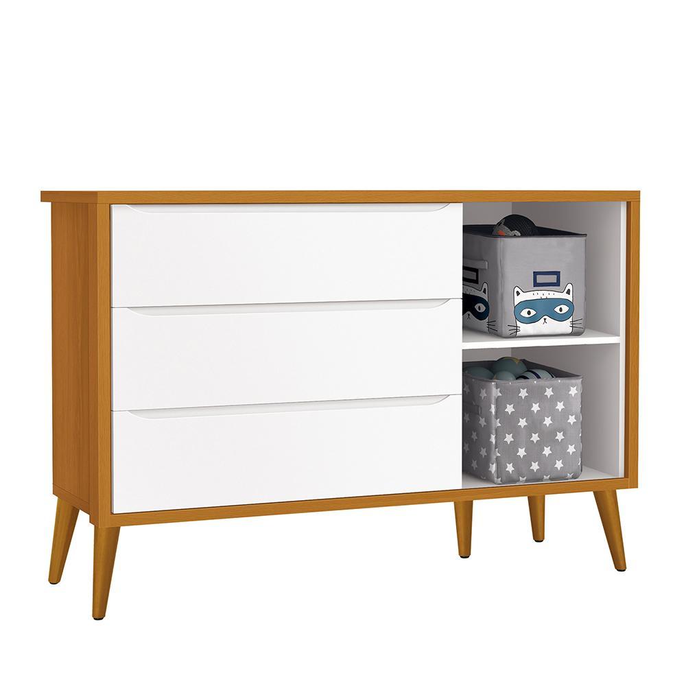 Cômoda Infantil 1 Porta e 3 Gavetas Theo Retrô Branco/Savana com Pés Amadeirado - Reller Móveis